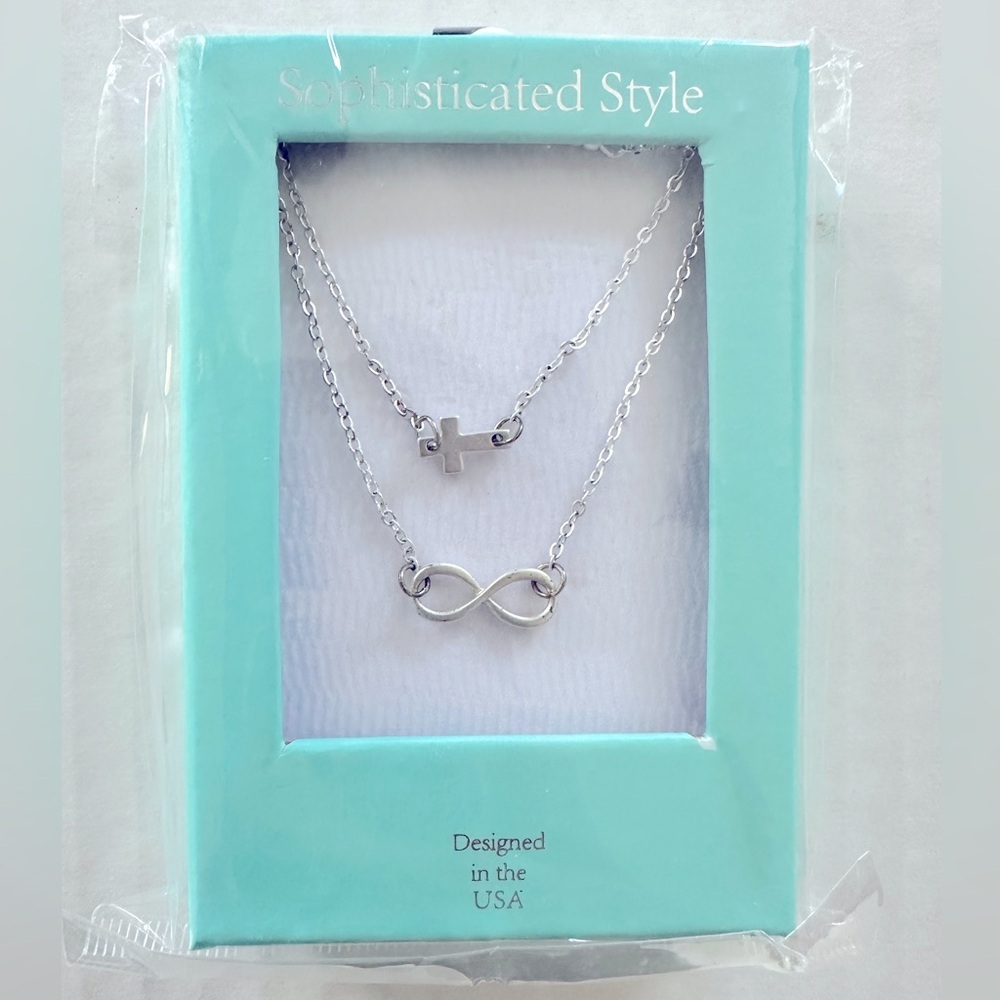 Last chance! NIB 3 layer necklace: beads, cross, infiniti. Silver hue metal.